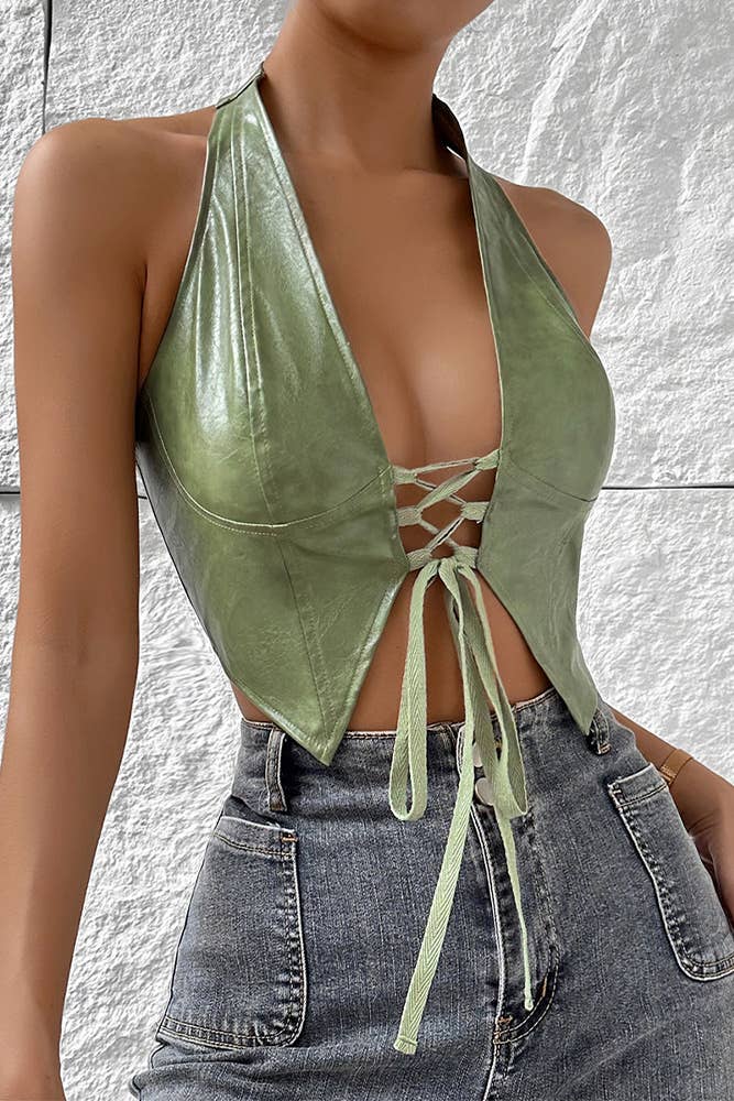 Low Cut Cardigan Halter Tie PU Leather Corset Top GZCY07