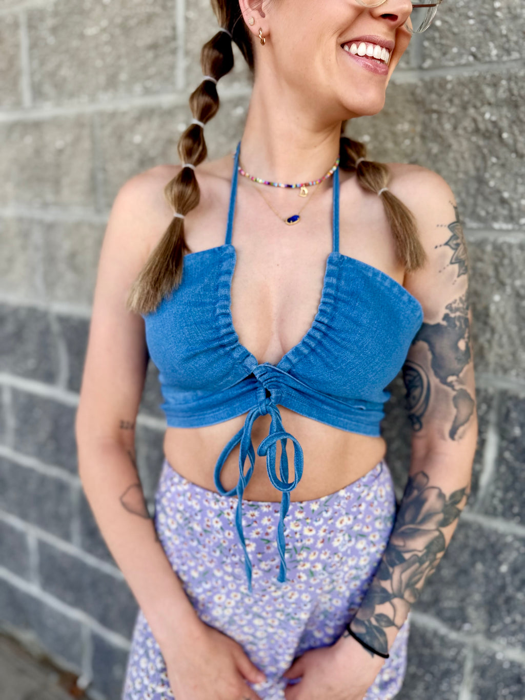 Lace-Up Denim Halter Top