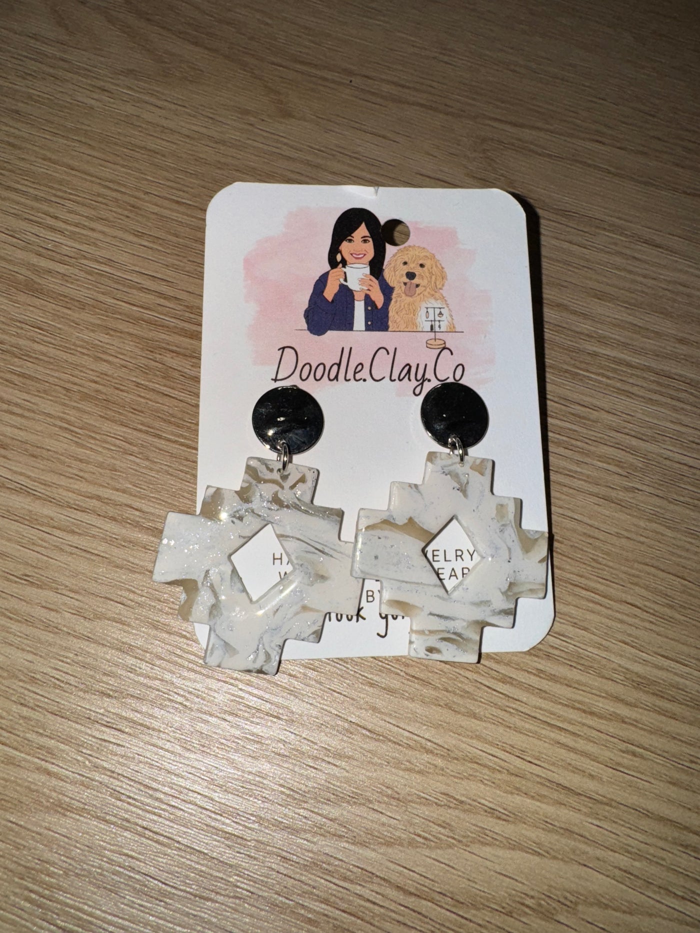 White & Taupe Aztec w/ Black Dots Earrings