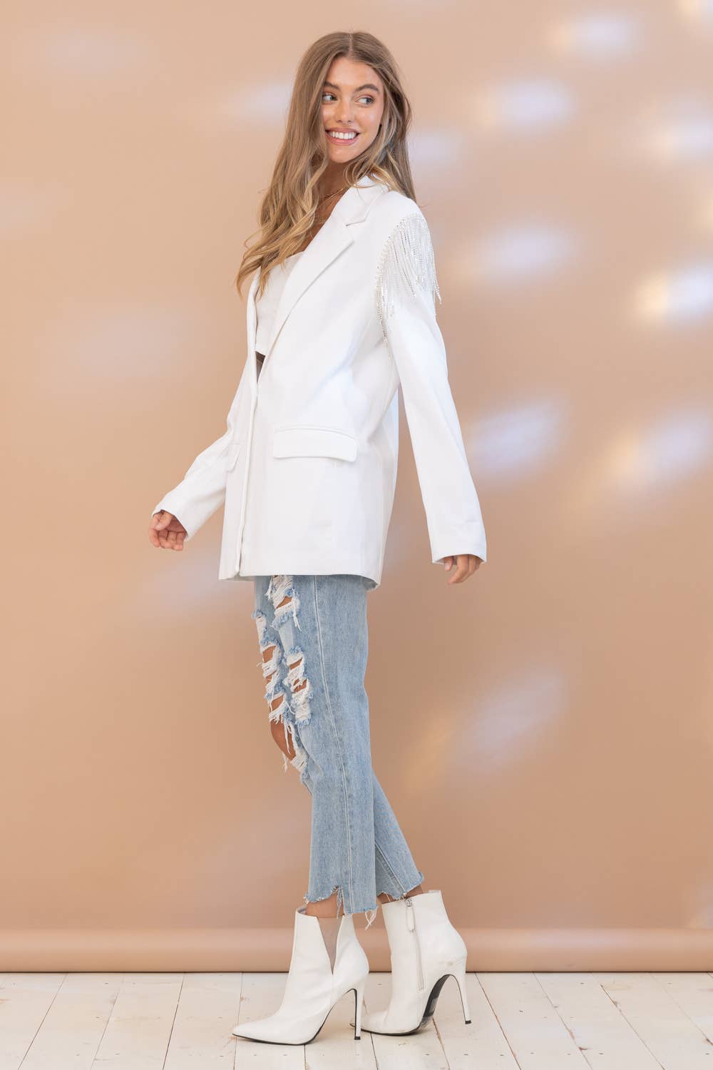 Rhinestone Fringe Shoulder Blazer