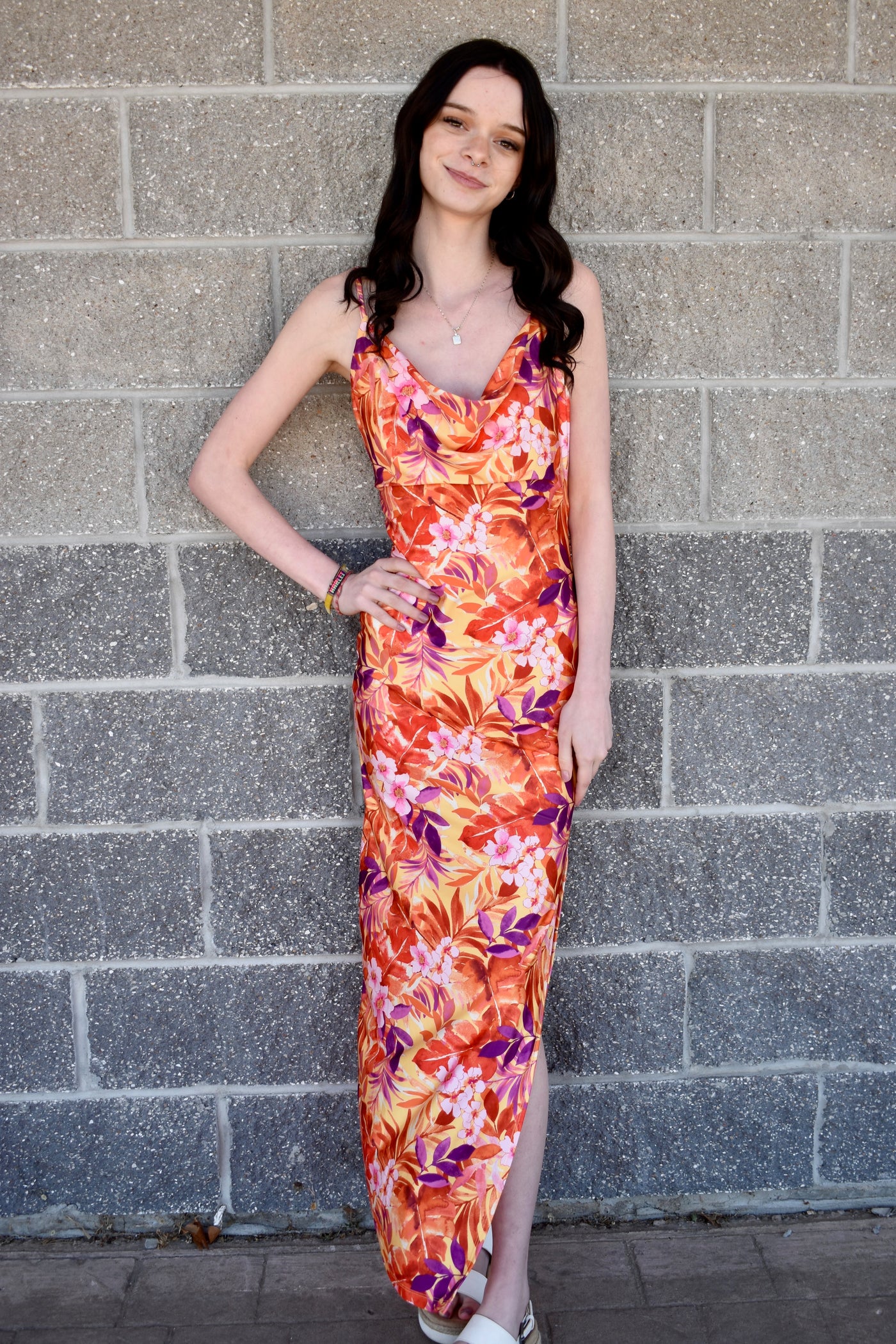 Tropical Cowl Maxi Dress