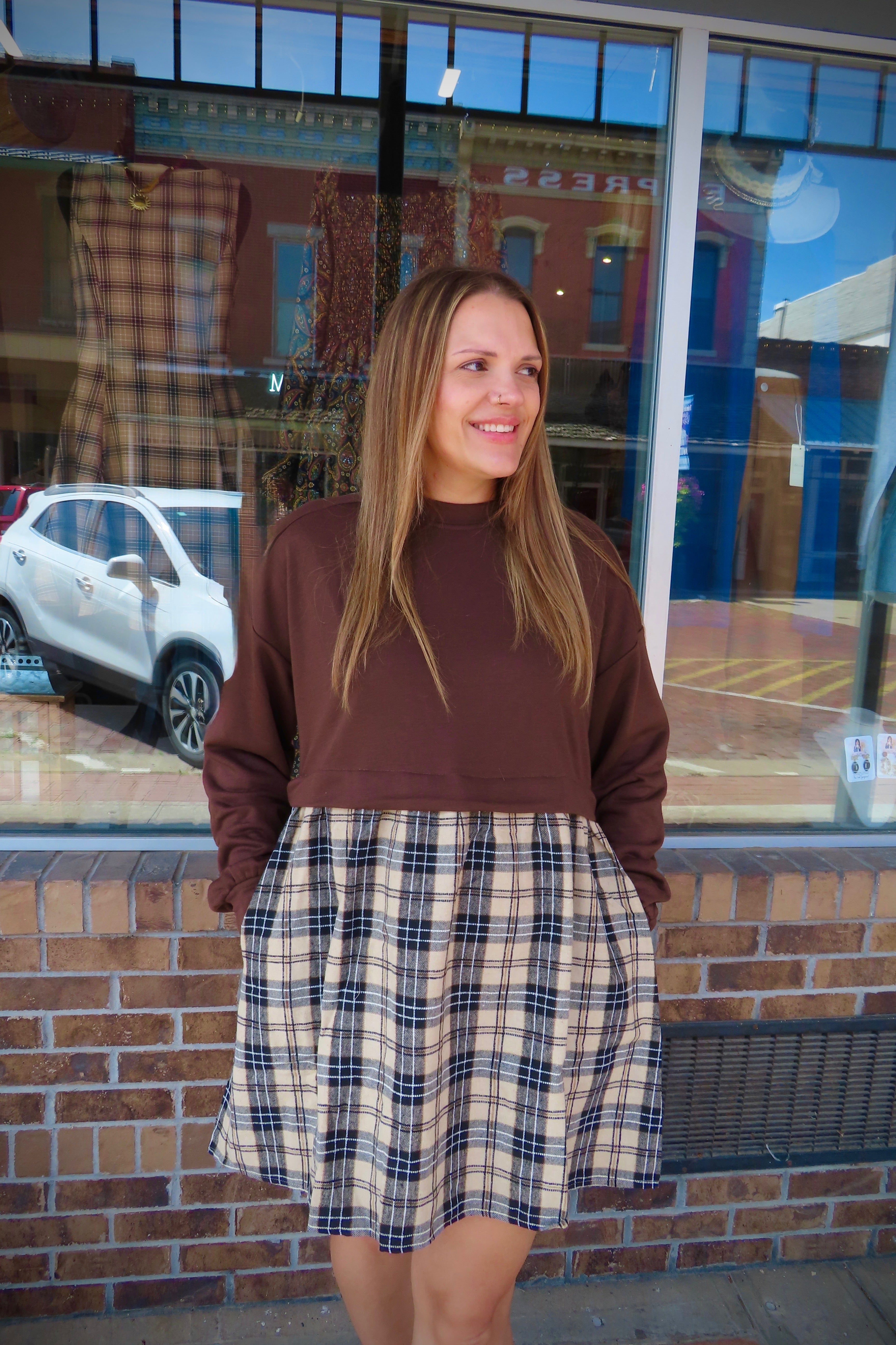 Autumn Spice Checkered Shirt Dress