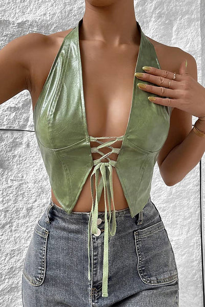 Low Cut Cardigan Halter Tie PU Leather Corset Top GZCY07