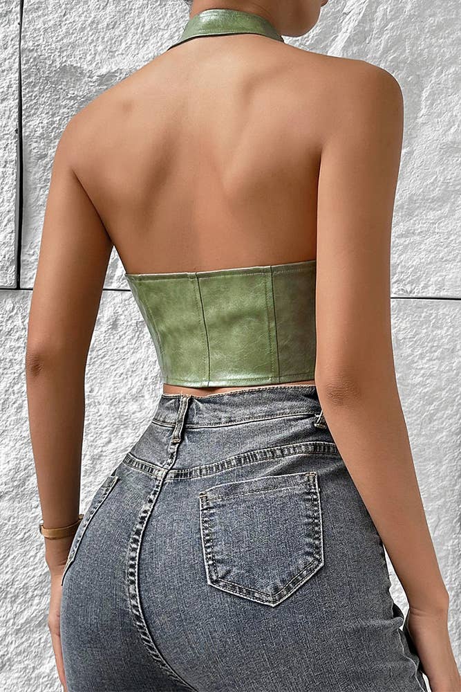 Low Cut Cardigan Halter Tie PU Leather Corset Top GZCY07