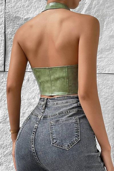 Low Cut Cardigan Halter Tie PU Leather Corset Top GZCY07