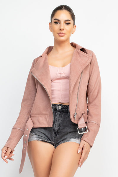 Belted Suede Moto Jacket